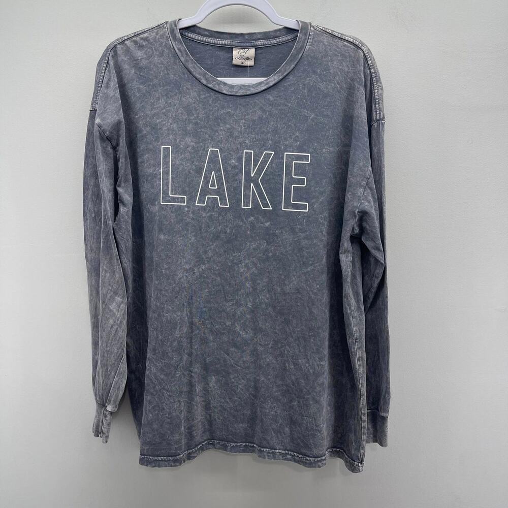 Oat Collective LAKE Graphic Tee Wms XL Gray Blue Mineral Wash Long Sleeve Casual